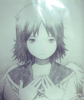 Rule 34 | 1girl, angel wings, commentary request, dress, haibane renmei, highres, hotateyuki, light smile, looking at viewer, monochrome, own hands together, photo (medium), rakka (haibane renmei), sailor dress, short hair, solo, traditional media, upper body, wings