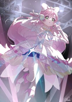 1girl \m/ absurdres artist_name ascot blue_bow boots bow braid brooch center_frills commentary crown_braid cure_prism dress dress_bow earrings elbow_gloves frills glove_bow gloves green_eyes hair_bow highres hirogaru_sky!_precure holding jewelry knee_boots layered_dress light_particles long_hair looking_at_viewer magical_girl medium_dress mismatched_earrings nijigaoka_mashiro open_mouth pink_hair pinky_out precure shining side_braids signature sky_mirage sleeveless sleeveless_dress solo stage_lights standing standing_on_one_leg takahashi_hizumi very_long_hair white_ascot white_boots white_bow white_dress white_gloves wing_brooch