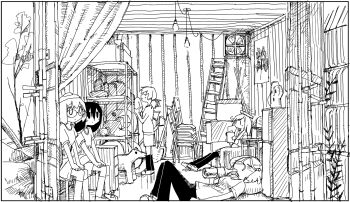 Rule 34 | 5girls, alcohol, blush, book, book on head, bottle, drunk, egg (food), food, food on head, fried egg, glasses, greyscale, hair between eyes, highres, holding, holding book, holding bottle, in container, kneehighs, ladder, lying, mogawa (shimeji simulation), monochrome, multiple girls, object on head, on back, pants, reading, shimeji simulation, shipping container, short sleeves, sitting, socks, standing, sumida (shimeji simulation), thighhighs, tsukishima shijima, tsukumizu yuu, yamashita majime, yomikawa (shimeji simulation)