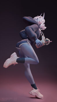 1girl 3d absurdres artist_name back bare_legs black_background black_hoodie black_sclera black_shorts blender_(medium) blue_horns blue_skin colored_sclera colored_skin cup demon demon_gf_(cyarin) demon_girl drinking_straw eye_symbol foam full_body hand_in_pocket highres holding holding_cup hood hoodie horns ninjason_chan pointy_ears puffy_sleeves shoes shorts simple_background slit_pupils sneakers socks solo spilling standing standing_on_one_leg teeth white_hair white_shoes white_trim yellow_eyes