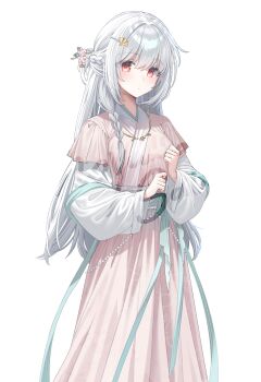 1girl blush braid chinese_clothes chinese_commentary closed_mouth commentary_request dress flower hagoromo hair_between_eyes hair_flower hair_ornament hair_stick hanfu hayamasalt highres jiaoling_ruqun long_hair long_sleeves looking_at_viewer original pink_dress red_eyes shawl simple_background single_braid solo standing very_long_hair white_background