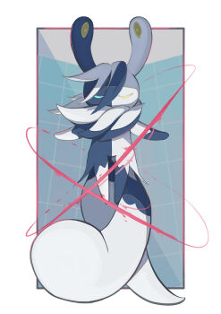 Rule 34 | absurdres, ashida (user dxec4477), blue fur, blue sclera, cat, closed eyes, colored sclera, forked tail, gen 6 pokemon, hair between eyes, heterochromia, highres, mega evolution, mega meowstic, mega pokemon, meowstic, neck fur, nintendo, pokemon, pokemon (creature), pokemon focus, split-color fur, tail, two-tone fur, white fur, yellow eyes, yellow sclera