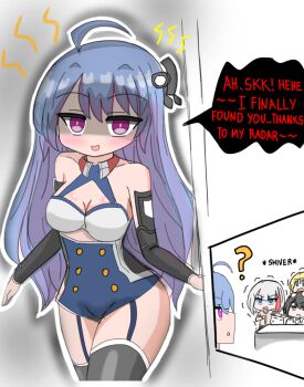 1boy 2girls admiral_graf_spee_(azur_lane) azur_lane bare_shoulders black_hair blue_dress blue_eyes blue_hair blush bogue_(azur_lane) boots breasts buttons cleavage clothing_cutout commander_(azur_lane) curly_hair detached_sleeves double-breasted dress english_text evil_smile garter_straps hair_between_eyes headgear helena_(azur_lane) hip_focus medium_breasts multicolored_hair multiple_girls purple_eyes red_hair reign_(user_pgfa7472) shaded_face short_dress smile solo_focus stalking streaked_hair thigh_boots thigh_gap thighs underboob_cutout white_hair yandere