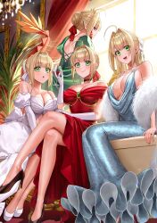 Rule 34 | 4girls, absurdres, bare shoulders, blonde hair, blush, breasts, cleavage, dress, fate/extra, fate/grand order, fate (series), green dress, high heels, highres, large breasts, long hair, looking at viewer, multiple girls, multiple persona, nero claudius (fate), nero claudius (fate) (all), open mouth, queen draco (fate), red dress, silver dress, smile, white dress, yayoi maka