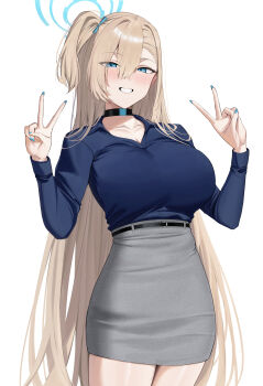 1girl absurdres asuna_(blue_archive) blonde_hair blue_archive blue_eyes blue_halo blue_shirt blush breasts choker cleavage collarbone commentary double_v grey_skirt grin hair_between_eyes halo highres large_breasts long_hair looking_at_viewer ref_(pmxt4483) shirt side_ponytail skirt smile solo thighs v very_long_hair