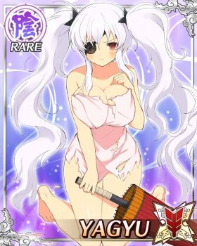 Rule 34 | breasts, closed mouth, closed umbrella, eyepatch, game cg, holding, holding umbrella, large breasts, light frown, long hair, looking at viewer, naked towel, non-web source, nude, official alternate costume, official art, oil-paper umbrella, red eyes, senran kagura, senran kagura new wave, shuriken, shuriken hair ornament, torn towel, towel, twintails, umbrella, weapon, white hair, yagyu (senran kagura)