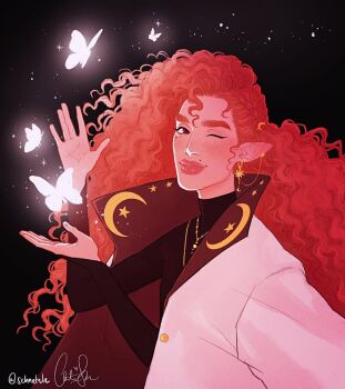 1boy \||/ arcanegold black_background black_bridal_gauntlets black_shirt braid bridal_gauntlets bug butterfly closed_mouth coat coat_on_shoulders colored_skin commentary crescent crescent_earrings crescent_hair_ornament crescent_print draw_this_in_your_style_challenge dungeons_&amp;_dragons ear_chain ear_piercing earrings elf english_commentary eyelashes eyeliner fantasy glowing_butterfly gold_buttons gold_earrings gold_necklace gold_piercing hair_ornament high_collar highres implied_cuntboy insect jewelry light_smile linked_piercing long_hair looking_at_viewer magic makeup mole mole_above_mouth mole_under_eye multicolored_coat multiple_necklaces necklace one_eye_closed open_hands original piercing pink_hair pink_skin pointy_ears red_coat red_eyes shirt side_braid sidelighting signature sparkle star_(symbol) star_print sun_earrings thick_eyebrows thick_lips turtleneck two-tone_coat upper_body wavy_hair wesley_(arcanegold) white_coat