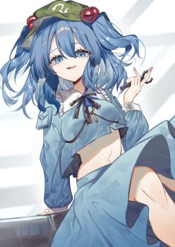 1girl blue_eyes blue_hair blue_shirt blue_skirt breasts collared_shirt contrast_collar frilled_shirt_collar frills green_hat hair_between_eyes hand_rest hat highres hitodama holding holding_tool kawashiro_nitori key knees long_sleeves looking_at_viewer medium_breasts medium_hair muraryo navel open_mouth red_nails shirt sitting skirt sleeve_cuffs solo touhou white_background