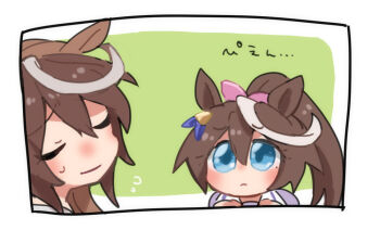 2girls beer_hsk blue_eyes brown_hair chibi closed_eyes closed_mouth flying_sweatdrops green_background grey_hair hair_ribbon high_ponytail multicolored_hair multiple_girls pink_ribbon pleading_eyes ponytail purple_shirt ribbon school_uniform shirt streaked_hair symboli_rudolf_(umamusume) tokai_teio_(umamusume) tracen_school_uniform translation_request two-tone_background two-tone_hair umamusume white_background white_hair