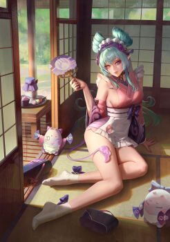 Rule 34 | 1girl, absurdres, apron, bow, bow legwear, breasts, commentary, fingerless gloves, full body, genshin impact, gloves, hand fan, hand up, highres, holding, holding fan, indoors, japanese clothes, kimono, lips, long hair, looking at viewer, nihongami, okobo, parted lips, pink kimono, platform sandals, pointy ears, purple bow, purple eyes, sandals, sideboob, sitting, sleeveless, sleeveless kimono, snowmoeka, socks, solo, tabi, tail, tapir, tapir girl, tapir tail, unworn sandals, very long hair, waist apron, white apron, white socks, yumemizuki mizuki
