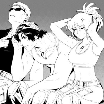 00a3af_231 1girl 2boys adjusting_hair arms_up bandana bare_shoulders belt clark_still dog_tags highres hot ikari_warriors leona_heidern mature_male midriff monochrome multiple_boys muscular muscular_male navel ponytail ralf_jones sleeveless soldier sunglasses sweatdrop the_king_of_fighters the_king_of_fighters_xv