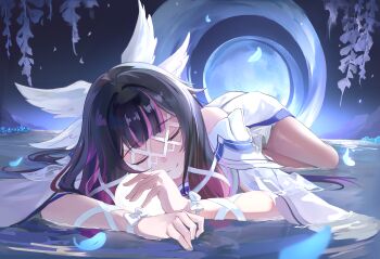 1girl absurdres black_hair blue_feathers closed_eyes closed_mouth columbina_(genshin_impact) commentary_request dress eye_mask feathers genshin_impact hair_ornament highres long_hair lying mask multicolored_hair on_stomach purple_hair ribbon smile solo two-tone_hair user_eruz5328 water white_dress white_ribbon x_hair_ornament