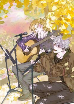 2boys acoustic_guitar alternate_costume black_pants blonde_hair blue_eyes brown_jacket commentary ear_piercing eunho_(plave) ginkgo_leaf grey_hair grey_pants guitar hair_between_eyes half_updo highres holding holding_microphone_stand instrument jacket jewelry k-pop korean_commentary leaf long_sleeves looking_at_another male_focus microphone microphone_stand mole mole_under_eye multiple_boys music necklace noah_(plave) open_clothes open_jacket open_mouth outdoors pants piercing plave playing_guitar playing_instrument red_eyes rjduf666 shirt singing sitting sleeves_past_wrists smile torn_clothes torn_pants torn_shirt