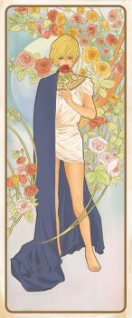 1boy art_nouveau barefoot blonde_hair cape flower full_body hino_ataru holding holding_flower looking_at_viewer male_focus oskar_reiser rose solo standing thorns touma_no_shinzou