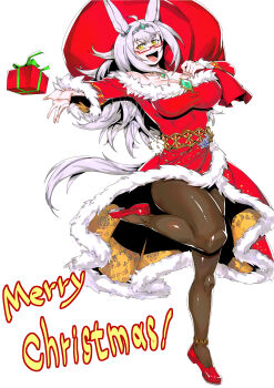 1girl absurdres animal_ears anklet biwa_hayahide_(noel_rouge_carol)_(umamusume) biwa_hayahide_(umamusume) black_pantyhose breasts christmas cleavage commentary_request dress ear_ornament fur-trimmed_dress fur_trim grey_hair high_heels highres horse_ears horse_girl horse_tail jewelry large_breasts long_hair long_sleeves merry_christmas minew official_alternate_costume open_mouth pantyhose red-framed_eyewear red_dress red_shoes semi-rimless_eyewear shoes simple_background smile solo tail umamusume under-rim_eyewear very_long_hair white_background