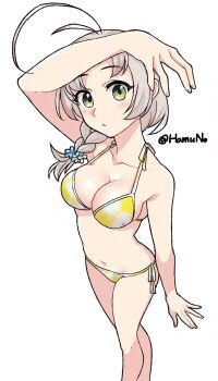1girl antenna_hair bikini braid breasts feet_out_of_frame floral_print floral_print_bikini from_above green_eyes grey_hair hair_over_shoulder hamuno highres kantai_collection kinugasa_(kancolle) kinugasa_kai_ni_(kancolle) kinugasa_kai_ni_(swimsuit)_(kancolle) long_hair looking_at_viewer medium_breasts official_alternate_costume one-hour_drawing_challenge print_bikini side-tie_bikini_bottom simple_background single_braid solo swimsuit twitter_username white_background yellow_bikini