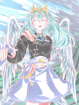 1girl 1other blue_hair breasts closed_eyes commentary_request eyelashes feathered_wings fingerless_gloves fire_emblem fire_emblem_shadows gloves highres holding_hands long_hair medium_breasts nintendo open_mouth outdoors pointy_chin pov rose_(fire_emblem) skirt smile solo_focus tiara wa-ll wings