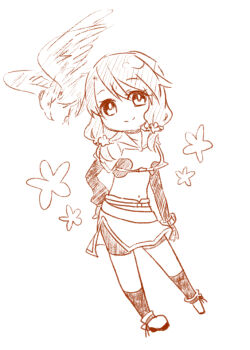 1girl bird brown_theme closed_mouth commentary_request crop_top elbow_gloves falcon full_body gloves hunter_(ragnarok_online) looking_at_viewer medium_hair midriff miniskirt monochrome navel nayuruonline ragnarok_online short_shorts short_sleeves shorts shorts_under_skirt simple_background sketch skirt smile solo