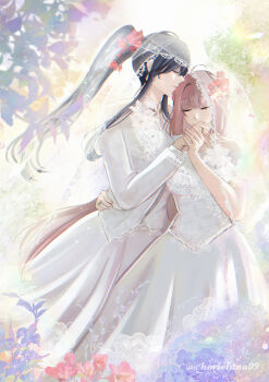 2girls absurdres black_hair bridal_veil bride brown_hair cherie_luna chief_(path_to_nowhere) closed_eyes closed_mouth commentary dress english_commentary female_chief_(path_to_nowhere) female_focus flower hair_flower hair_ornament hand_on_another&#039;s_waist highres holding_hands jewelry kiss kissing_hand long_hair long_sleeves multiple_girls original path_to_nowhere pink_flower ponytail purple_flower rahu_(path_to_nowhere) red_flower ring see-through_clothes see-through_veil twitter_username veil wedding_dress wedding_ring white_dress wife_and_wife yuri