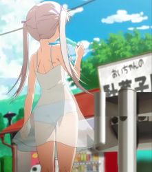 1girl animated ass bloomers candy dress food from_behind highres komako_semenovich see-through_clothes see-through_dress shoujo_ramune sky solo stitched sundress third-party_edit twintails underwear video white_hair