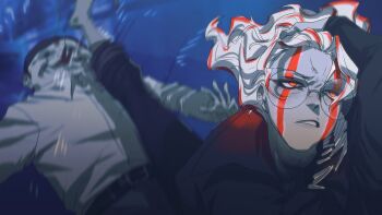 1boy adjusting_hair alien commentary dandadan dewa-chan english_commentary facial_mark glasses hair_slicked_back hand_in_own_hair hand_on_own_head highres meme naoya_hitting_choso_without_looking_(meme) punching red_eyes round_eyewear scene_reference serpo_(dandadan) takakura_ken_(dandadan) takakura_ken_(transformed)_(dandadan) white_hair