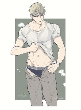 Rule 34 | black male underwear, blonde hair, blue eyes, border, clothes lift, commentary request, dated, green background, grey pants, hair between eyes, highres, male underwear, midriff, navel, open fly, pants, parted lips, shirt, shirt lift, short hair, spy x family, sweat, t-shirt, takehide, twilight (spy x family), twitter username, underwear, watch, white border, white shirt, wristwatch