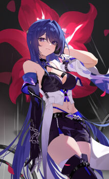 1girl absurdres acheron_(honkai:_star_rail) bandages boots breasts buckle chain choker crop_top detached_sleeves duplicate flower gloves hashtag-only_commentary highres honkai:_star_rail honkai_(series) jacket large_breasts long_hair navel open_clothes open_jacket pixel-perfect_duplicate purple_eyes purple_hair shorts single_bare_shoulder single_detached_sleeve solo strap thigh_boots thighs very_long_hair wudongyouyi
