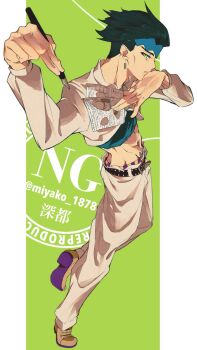 Rule 34 | 1boy, arm up, belt, black belt, blue headband, brown shoes, closed mouth, commentary, cropped shirt, diamond wa kudakenai, earrings, from side, full body, green eyes, green hair, hand up, headband, highres, holding, holding paper, holding pen, jewelry, jojo no kimyou na bouken, kishibe rohan, long sleeves, looking at viewer, male focus, midriff, miyako 18782, navel, pants, paper, pen, shirt, shoes, short hair, solo, white pants, white shirt