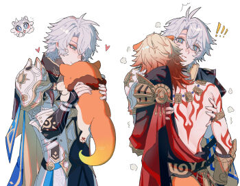 Rule 34 | 2boys, 5393544445, antenna hair, arm tattoo, armlet, armor, back tattoo, black choker, black coat, black shirt, blonde hair, blue cape, blue eyes, blush, cape, chimera (honkai: star rail), chinese commentary, choker, coat, commentary request, creature, earrings, gauntlets, gold earrings, gold necklace, gradient hair, highres, holding, holding creature, honkai: star rail, honkai (series), jewelry, male focus, medium hair, multicolored hair, multiple boys, mydei (fig stew) (honkai: star rail), mydei (honkai: star rail), neck tattoo, necklace, open clothes, open coat, parted bangs, pauldrons, phainon (honkai: star rail), red cape, red hair, red tattoo, shirt, short hair, shoulder armor, side cape, single pauldron, sun symbol, sun tattoo, tan, tattoo, white coat, white hair, yaoi