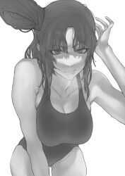 Rule 34 | adjusting hair, bare shoulders, breasts, cleavage, collarbone, fate/grand order, fate (series), gluteal fold, greyscale, highres, leaning forward, long hair, looking at viewer, monochrome, one-piece swimsuit, simple background, sweat, swimsuit, taira no kagekiyo (fate), thigh gap, tonko from, tsurime, ushiwakamaru (fate), white background
