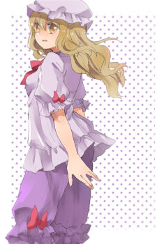 1girl blonde_hair bloomers bow bowtie feet_out_of_frame frilled_shirt frills from_behind hat highres long_hair maribel_hearn mob_cap nightcap polka_dot polka_dot_background puffy_short_sleeves puffy_sleeves purple_bloomers shirt short_sleeves shukinuko sleepwear solo touhou underwear white_background yellow_eyes
