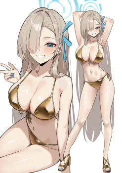 Rule 34 | 1girl, arms behind head, arms up, asuna (blue archive), bikini, blonde hair, blue archive, blue eyes, blue nails, blue ribbon, breasts, cleavage, commentary request, front-tie bikini top, front-tie top, full body, gold bikini, grin, hair over one eye, hair ribbon, halo, haro art, highres, large breasts, long hair, looking at viewer, multiple views, nail polish, navel, ribbon, side-tie bikini bottom, smile, solo, stomach, swimsuit, toenail polish, toenails, very long hair, white background