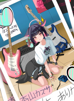 Rule 34 | 1girl, absurdres, animal ears, bass guitar, belt, black hair, blue archive, cat ears, clothes around waist, collarbone, colored inner animal ears, colored inner hair, extra ears, halo, hashtag-only commentary, heart, highres, instrument, jacket, jacket around waist, kazusa (band) (blue archive), kazusa (blue archive), looking at viewer, multicolored hair, official alternate costume, pedal (instrument), pink hair, pink halo, pleated skirt, polaroid photo, print shirt, red eyes, shirt, short hair, short sleeves, skirt, solo, sparkle, thigh belt, thigh strap, thighs, tjhyn 06, two-tone hair, white shirt