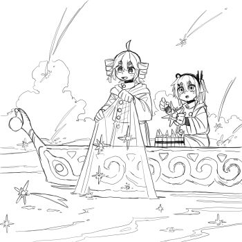 2girls :d a.i._voice absurdres adachi_rei blush boat cloud double-parted_bangs drill_hair greyscale hair_between_eyes hairband highres hood hood_down hoodie kasane_teto long_sleeves monochrome multiple_girls open_mouth shooting_star short_hair sitting smile standing subaru_namisaki thick_eyebrows utau water watercraft