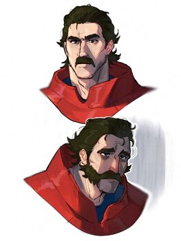 1boy beard brown_hair closed_mouth commentary depressed dispatch english_commentary facial_hair highres looking_to_the_side male_focus multiple_views mustache phenomaman serious superhero_costume swept_bangs upper_body via_(vi4rmo) white_background