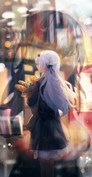 2girls absurdres bag baguette black_dress black_hairband black_pantyhose bread chinese_commentary commentary_request dress firefly_(honkai:_star_rail) food grey_hair hairband highres holding holding_bag honkai:_star_rail honkai_(series) long_hair multiple_girls pantyhose stelle_(honkai:_star_rail) swkl:d traffic_light trailblazer_(honkai:_star_rail) very_long_hair