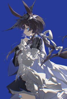 1girl amiya_(arknights) amiya_(guard)_(arknights) amiya_(guard)_(in_a_myriad_of_universes)_(arknights) animal_ears arknights black_skirt blue_background blue_choker blue_eyes brown_hair choker cowboy_shot expressionless glint hair_ribbon hands_on_own_chest highres indai_(3330425) infection_monitor_(arknights) jewelry long_hair long_sleeves looking_ahead multiple_rings official_alternate_costume rabbit_ears rabbit_girl ribbon ring simple_background skirt solo thighlet white_ribbon