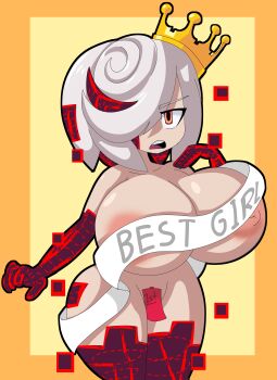 1girl absurdres areola_slip black_outline breasts cleavage collarbone crown english_text gigantic_breasts glitch hair_over_one_eye highres large_areolae looking_at_viewer multicolored_hair nipple_slip nipples open_mouth oppai_loli outline paper red_eyes red_hair ribbon sage_(sonic) short_hair solo sonic_(series) sonic_frontiers streaked_hair teeth thick_outlines thick_thighs thighs upper_teeth_only white_hair white_ribbon yelladrill yellow_background