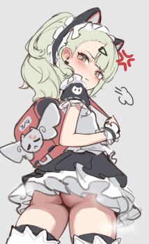 1girl :t absurdres animal_ear_hairband animal_ears ass backpack bag black_dress cat_ear_hairband cat_ears chocpocalypse dress earrings fake_animal_ears frilled_dress frills from_below green_hair hair_ornament hairband heart heart_earrings heart_hair_ornament highres jewelry loli maid maid_headdress no_panties official_alternate_costume pout randoseru red_bag simple_background sketch sunna_(afternoon_tea_break)_(zenless_zone_zero) sunna_(zenless_zone_zero) upskirt white_background white_wings winged_bag wings zenless_zone_zero