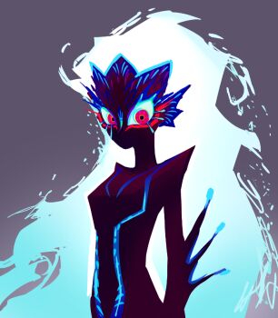 1girl aqua_hair breasts chelsea_(ruby_gillman) dark-skinned_female dark_skin fins glowing glowing_eyes head_fins holographicros3 liquid_hair long_eyelashes long_hair looking_at_viewer medium_breasts nerissa_(ruby_gillman) pink_eyes ruby_gillman:_teenage_kraken solo very_long_hair