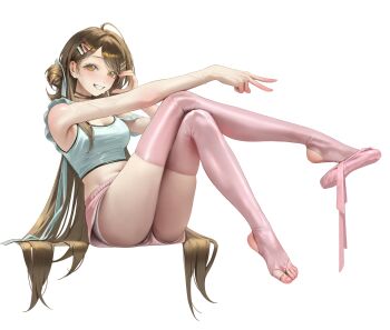 1girl absurdres ahoge armpits asha_(bangsom) bangsom blush breasts brown_eyes brown_hair cleavage commentary crossed_legs dolphin_shorts english_commentary full_body grin hair_bun hair_ornament hairclip half-heart_hands highres knees_up long_hair looking_at_viewer medium_breasts off_shoulder original panties pantyshot pink_shorts pink_thighhighs shirt shorts simple_background sitting sleeveless sleeveless_shirt smile solo sweat teeth thighhighs thighs toes underwear v white_background