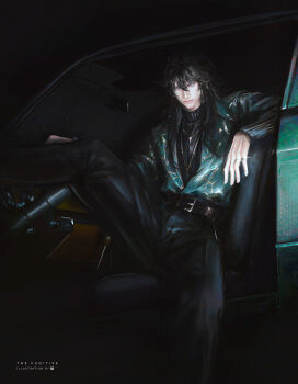 1boy absurdres alternate_costume artist_name belt black_hair black_pants black_shirt car_interior closed_mouth collared_jacket commentary english_commentary english_text feet_out_of_frame green_jacket grey_eyes hair_between_eyes highres jacket jewelry long_sleeves male_focus multiple_rings necklace open_clothes open_jacket pants qiuyuan_(wuthering_waves) ring shirt solo ui_uiiiiiiiii wuthering_waves