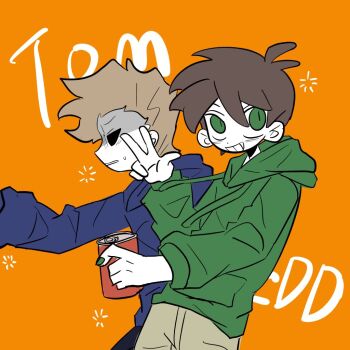 Rule 34 | 2boys, animification, black pants, blue hoodie, brown hair, brown pants, character name, cola, commentary, drawstring, drink, edd (eddsworld), eddsworld, english commentary, english text, green eyes, green hoodie, green nails, grin, holding, holding drink, hollow eyes, hood, hood down, hoodie, immuir, looking at viewer, male focus, multiple boys, orange background, pants, short hair, simple background, smile, spiked hair, tom (eddsworld), w