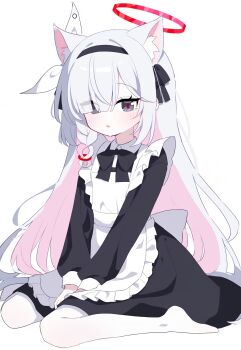 1girl alternate_costume animal_ear_fluff animal_ears apron auto_ins black_dress black_eyes black_hairband blue_archive braid cat_ears commentary_request dress enmaided frilled_apron frills hair_over_one_eye hairband halo highres kemonomimi_mode long_hair long_sleeves maid maid_apron pantyhose plana_(blue_archive) red_halo red_pupils simple_background single_braid sitting solo wariza white_apron white_background white_pantyhose