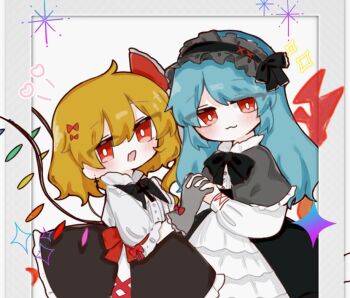 2girls :3 ahoge alternate_costume anzu_cha709 black_bow black_bowtie black_dress black_headdress black_skirt blonde_hair blue_hair blush_stickers bow bowtie buttons capelet closed_mouth clothing_request collared_shirt contrast_collar cross cross_earrings cross_necklace crystal_wings dress dress_shirt earrings embodiment_of_scarlet_devil fang flandre_scarlet frilled_capelet frilled_skirt frills gloves grey_capelet grey_gloves hair_between_eyes haniyasushin_keiki holding_hands jewelry lace long_dress long_hair long_sleeves looking_at_viewer maid maid_headdress multiple_girls necklace open_mouth parted_bangs puffy_sleeves rainbow_wings rectangular_mouth red_bow red_eyes ribbon shirt short_hair skirt sleeve_cuffs sleeve_garter sparkle touhou white_shirt wily_beast_and_weakest_creature wings