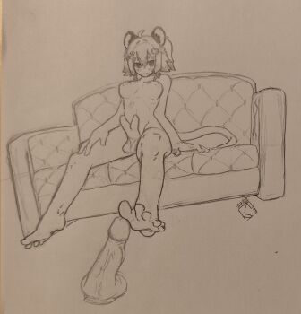 Rule 34 | 1girl, animal genitalia on humanoid, bare legs, barefoot, breasts, completely nude, couch, dildo, erection, feet, full body, futanari, graphite (medium), greyscale, hair ornament, highres, huge penis, indie virtual youtuber, large breasts, large penis, legs, looking at viewer, monochrome, navel, nipples, nude, official art, on couch, pen (medium), penis, photo (medium), possum ears, possum girl, possum tail, sergent magnom, sex toy, simple background, sitting, sketch, smile, solo, spread legs, testicles, toes, traditional media, uncensored, veins, veiny penis