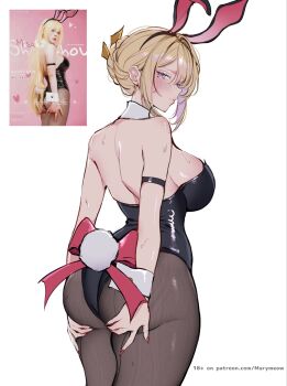 Rule 34 | 1girl, animal ears, arm strap, ass, ass support, bare shoulders, black leotard, black pantyhose, blonde hair, blush, breasts, closed mouth, evelyn chevalier, fake animal ears, fake tail, from behind, hands on own ass, highres, large breasts, leotard, looking at viewer, looking back, maria (marymeow), paid reward available, pantyhose, photo-referenced, playboy bunny, purple eyes, rabbit ears, rabbit tail, simple background, tail, thighs, white background, zenless zone zero