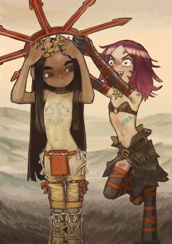 1boy 1girl absurdres aged_down androgynous black_gloves black_hair bra brown_eyes chest_tattoo cultist-chan emperor_of_mankind gloves hands_on_own_head highres laurel_crown loincloth loli long_hair navel open_mouth red_eyes red_hair red_loincloth rib_tattoo ryu_seok sharp_teeth shota shoulder_spikes slaanesh_(symbol) spikes strapless strapless_bra tan tanline tattoo teeth topless_male underwear warhammer_40k