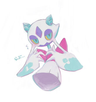 back_bow bad_id bad_pixiv_id blue_eyes blue_gemstone blush bow butter_(oshi8kyoumoh) colored_sclera embarrassed flying_sweatdrops froslass full_body gem gen_4_pokemon half-closed_eyes hands_up heart heart_hands japanese_text jitome looking_at_viewer nintendo no_humans own_hands_together pokemon pokemon_(creature) red_bow shy simple_background solo talking translated white_background yellow_sclera