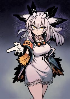 Rule 34 | 1girl, amaya 5321, arknights, breasts, bright pupils, collarbone, double-parted bangs, dress, gloves, gradient background, green jacket, hair between eyes, highres, jacket, looking at viewer, medium breasts, medium hair, owl ears, owl girl, ptilopsis (arknights), short dress, sleeveless, sleeveless dress, solo, standing, white dress, white hair, white pupils, yellow eyes